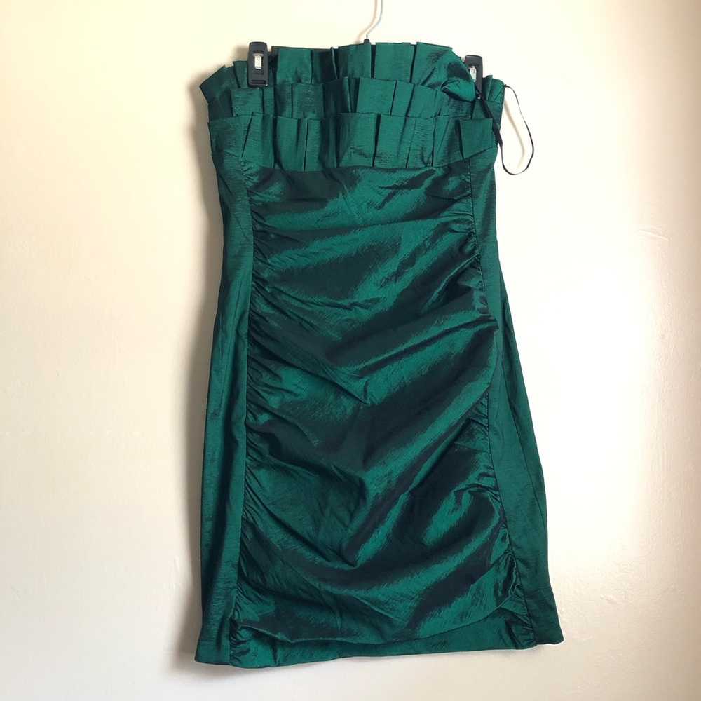 XScape Ruched Strapless Emerald Bodycon Dress